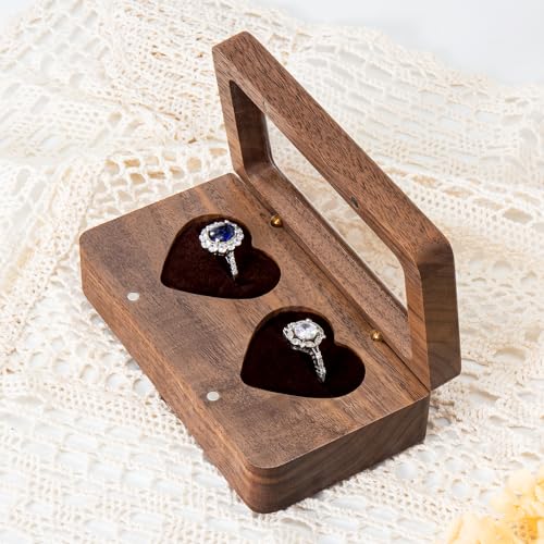 Wooden double heart wedding ring box by Wislist, walnut rectangle jewelry case for engagement and wedding rings.