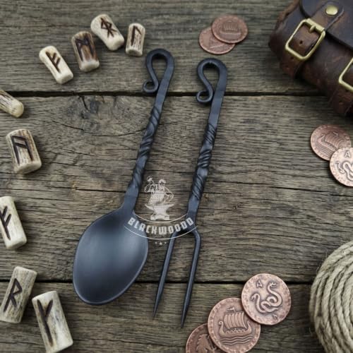 Hand Forged Medieval Cutlery Set - Viking Silverware Set With Leather Cover Black