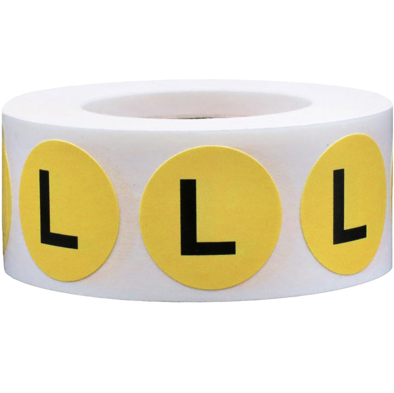 Yellow Large L Clothing Size Stickers, 0.75 Inch Round Semi Gloss Apparel Size Labels, 500 Total Adhesive Stickers on a Roll for Retail Clothing, Inventory, and Merchandising – Made in the USA