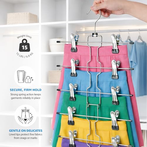 ZOBER 3-Pack 6-Tier Skirt Hangers with Clips, Clothes Hangers for Pants Sliver - 6 Tier 3 Pack