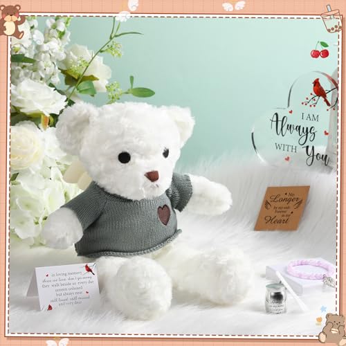 Kenning Cremation Keepsake Urn for Ashes Set, Memorial Bear with Mini Urn & Spoon, Acrylic Heart Memorial Plaque, Angel Wing Bracelet, Sympathy Bereavement Gift for Loss of Loved One or Pet (White) White