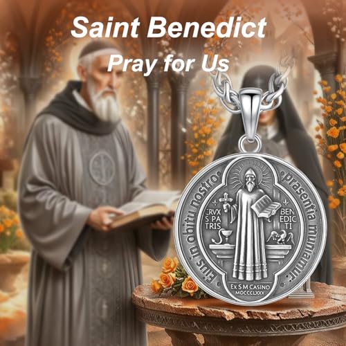 925 Sterling Silver St Benedict Necklace, Saint Benedict Pendant, Protection Religious Amulet Jewelry for Men Women