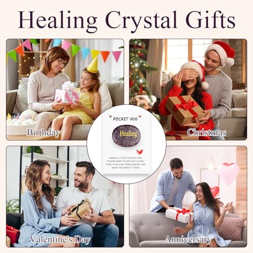 Pocket Hug Crystal Gifts, Amethyst Healing Crystals for Mindfulness, Thumb Stone Positive Affirmation Gifts for Women Men Friends, Good Luck Stone with Card