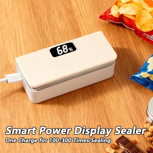 Mini Bag Sealer,Rechargeable Sealer Machine with LED Power Display,Heat Sealer and Cutter with 6 Adjustable Gears,Portable Bag Resealer for Chips Snacks Mylar Bags White