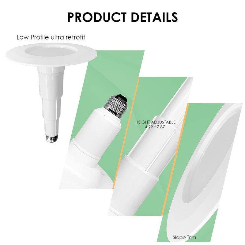 Soliseed 4 Pack 4 Inch LED Can Lights Length Adjustable Recessed Lights,Retrofit Downlight ETL Damp Rated,9W=40W,5000K Daylight,500LM,Dimmable,Easy Installation,Bevel Trim,E26 Base 5000K(Daylight) 4 Inch-4 Pack