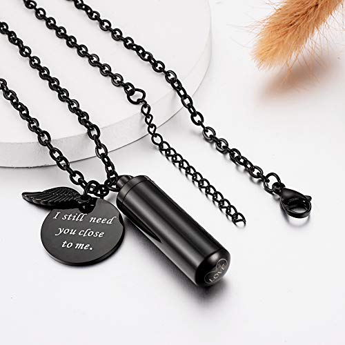 abooxiu Cylinder Urn Necklace for Ashes Cremation Jewelry/Keychain for human Pet Stainless Steel Memorial Keepsake Pendant with Angel Wing Charm Ashes Black-M