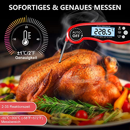 CIRYCASE Meat Thermometer Digital Instant Read Roasting Thermometer | External long probe with 102 cm stainless steel cable, pointer thermometer, oven thermometer for kitchen, BBQ, oven, baking Red