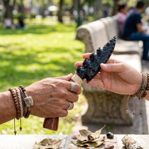 10" Handcrafted Black Obsidian Knife – Hand-Knapped Stone Blade with Carved Wooden Handle – Decorative Athame for Rituals, Altar Decor & Metaphysical Healing