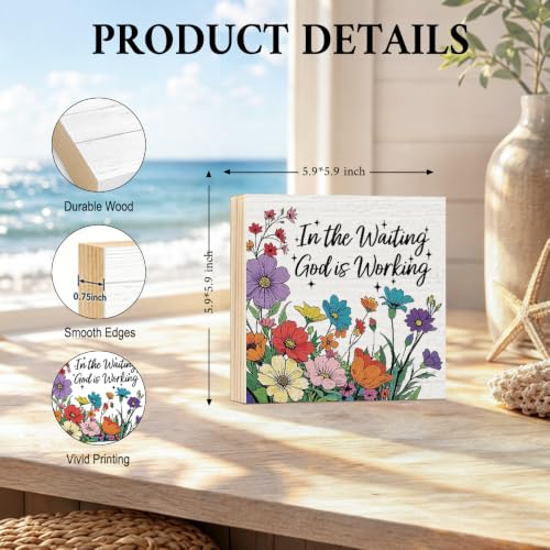 In the Waiting God Is Working Wooden Box Sign, Floral Plaque White 2