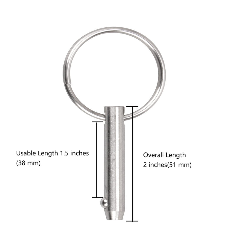 8 PCS Quick Release Pins Bimini Top Pins, Diameter 1/4"(6.3mm), Overall Length 2"(51mm), Usable Length 1.5"(38mm), Marine 316 Stainless Steel 8 Pieces