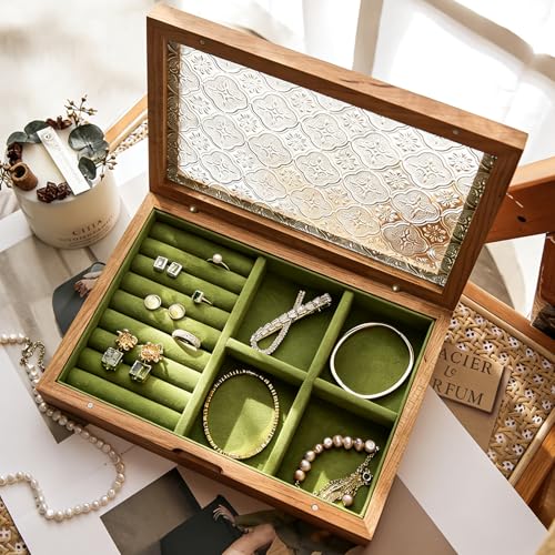 Wooden Jewelry Box with Glass Lid, Multi-Compartment Jewelry Display Case, Green Velvet Lining, Cherry Wood