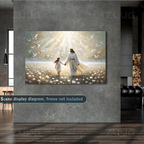 Jesus walking with girl canvas wall art I will walk with Christ peace dove floral poster print modern bible inspirational spiritual painting christian tranquil prayer room church bedroom home decor jesus-3 18"L x 12"W
