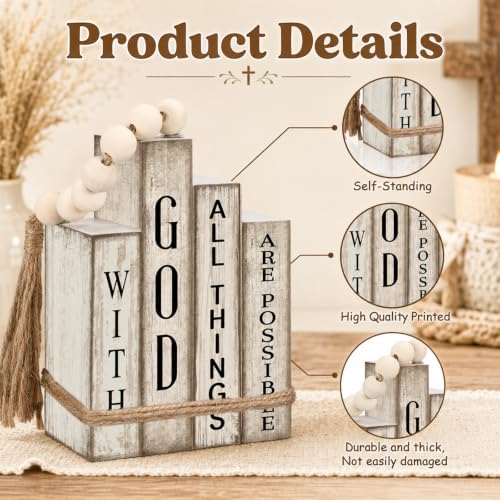4Pcs Decorative Books Set, Christian Wooden Faux Book Stack for Coffee Table and Shelf Display, Religious Neutral Wood Ornaments for Living Room Home Decor, Blessing Housewarming Gifts (Khaki) Style 5
