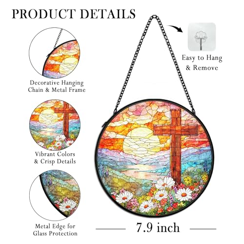 Christian Suncatcher Stained Glass Cross Window Hanging Decor, Christmas Religious Gifts for Women, Easter Landscape Sunrise Mountain Cross Garden Lawn Sun Catchers for Window Hanging,7.9x7.9In Cross4