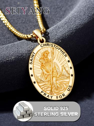Seiyang 925 Sterling Silver St Michael/St Christopher/St Raphael/St Jude/St Benedict Crucifix Pendant/Nail Cross Necklace Religious Amulet Jewelry Gift for Men Women (with Gift Box) B07-Christopher(Oval)-Gold