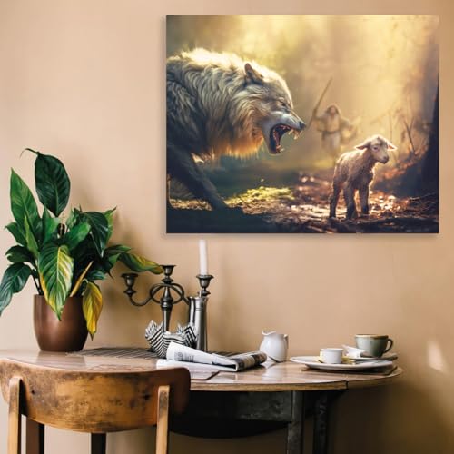 Jesus and Lamb Canvas Wall Art, Wolf and Lamb, Christian Decor, 12 x 16 Wolf & Lamb 12"L x 16"W