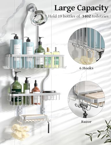 YASONIC Never Rust Shower Caddy Hanging, Aluminum Shower Racks for Inside Shower, 3-Tier Shower Organizer Hanging Over Shower Head with Hooks and Soap Holder, Silver 3 Tier Set