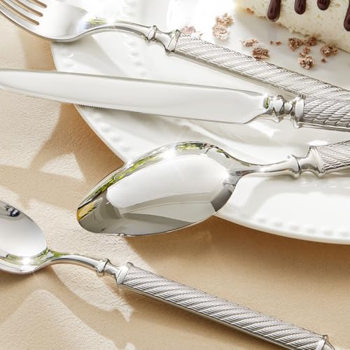 KINGSTONE 5-piece silverware serving set with stainless steel flatware, including spoons, forks, and knives, in a sleek design.