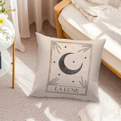 Boho Moon Tarot Pillow Covers 18x18, Witchy Room Decor, La Lune Mystical Botanical Crescent Moon Celestial Spiritual Decorative Throw Pillow Covers Pillowcases 012