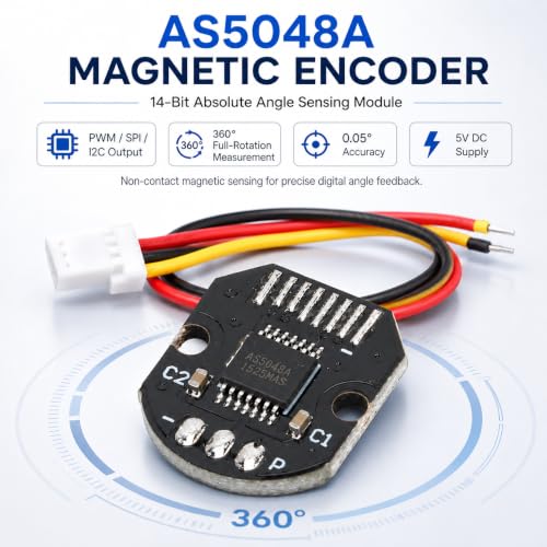 AS5048A Magnetic Encoder, 14-Bit AS5048A Magnetic Encoder with PWM SPI I2C Interface, 0.05° Angle Accuracy, High Precision Rotation Position Sensor Induction Angle Measuring Sensor Module
