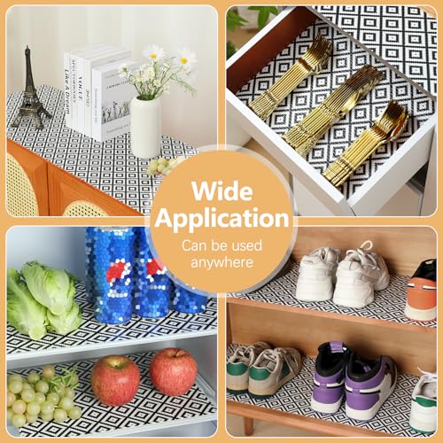 Drawer Shelf Liner Non Adhesive, Slip Resistant Easy to Clean Protect Kitchen Mats Thickened Strong Grip for Cabinet, Pantry, Tool Box, Cupboard, Dresser, Bathroom (Black and White, 17.5 in x 30 FT) Black 17.5"W x 360"L