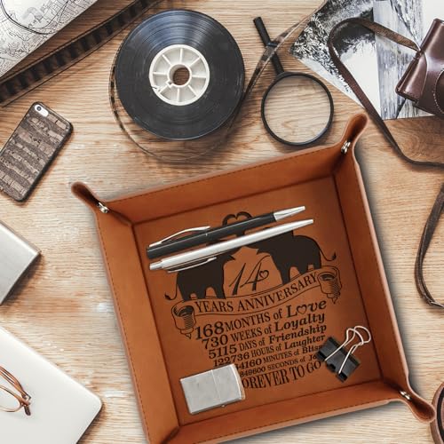 Bella Busta-14 Years Anniversary-Forever to Go- Traditional Ivory Theme Design for 14th Wedding Anniversary -Engraved Leatherette Valet Tray (Rawhide) Rawhide