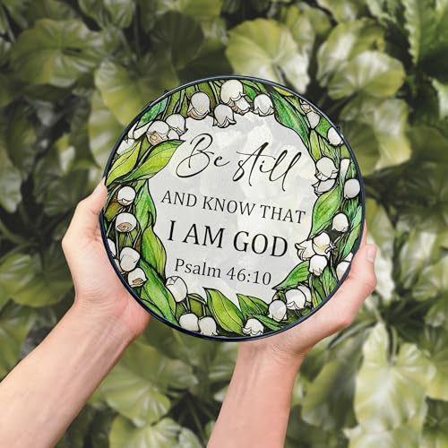 Christian Stained Glass Window Hanging, Be Still and Know that I Am God Bible Verse Suncatchers, Lily of The Valley Sun Catchers Indoor Window Round Glass Hanging Decorations, 7.9x7.9in