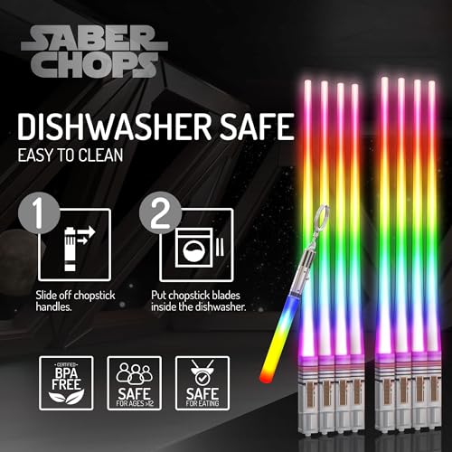 LIGHTSABER CHOPSTICKS LIGHT UP STAR WARS CHOPSTICK LED Glowing Light Saber Chop Sticks REUSABLE Sushi Sabers Cool Fun Geeky STARWARS Chop Stick Set 4 PAIRS | FREE Keychain Soft Carry Pouch | Gift Box 4 PAIRS & FREE KEYCHAIN 8 COLOR MODES