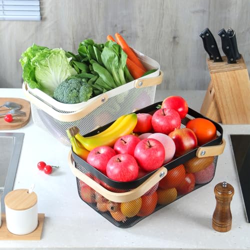 IBWell Square Metal Wire Woven Fruit Storage Bowl Basket with Wooden Handle, Large Black Mesh Fruit Stand, Multi-function Hanging Kitchen Baskets (White, Extended 4PCS) White Extende 4PCS