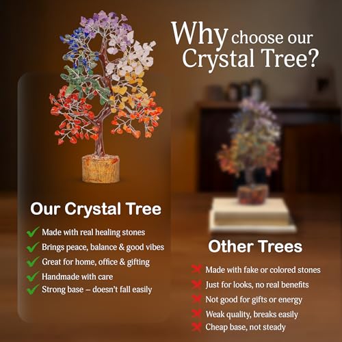 Yatskia Chakra Tree of Life - Crystals and Healing Stones - Feng Shui Decor - Meditation Accessories - Gift for Spiritual People - Handmade Crystal Tree with Seven Natural Chakra Crystals 10in Seven Chakra (Silver Wire)