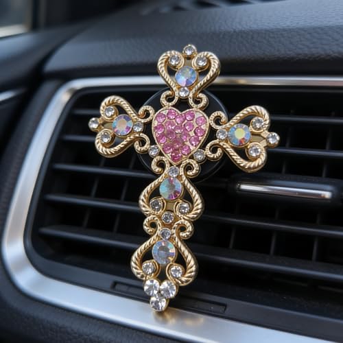 3 Pcs Christian Car Accessories for Women - Rear View Mirror Cross, Steering Wheel Rosary Charm & Air Vent Clip - Cute Girly Bling Car Decor (Pink) Pink
