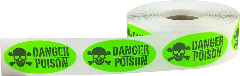 Fluorescent Green Danger Poison Stickers, 2 x 1 Inch Oval Medical Healthcare Labels, 500 Total Adhesive Stickers on a Roll for Hazard Warning, Safety Identification, and Compliance – Made in the USA
