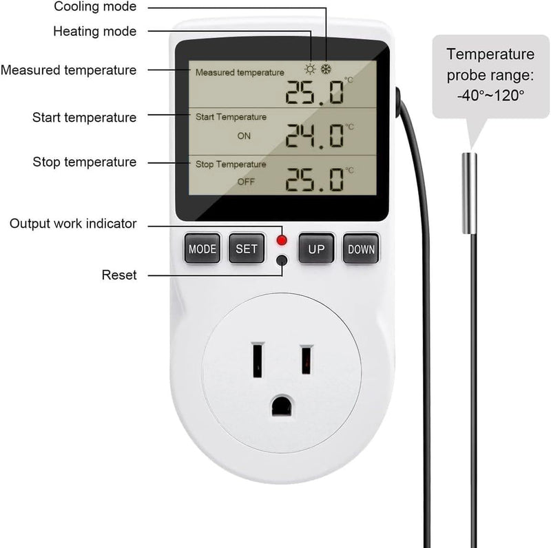 [Australia - AusPower] - Diymore Plug in Thermostat Temperature Controller Electric Digital Thermostat Heating Cooling Control Mode Timer White 2900W 250V 15A Digital Temperature Controller Thermostat Timer LCD Display 