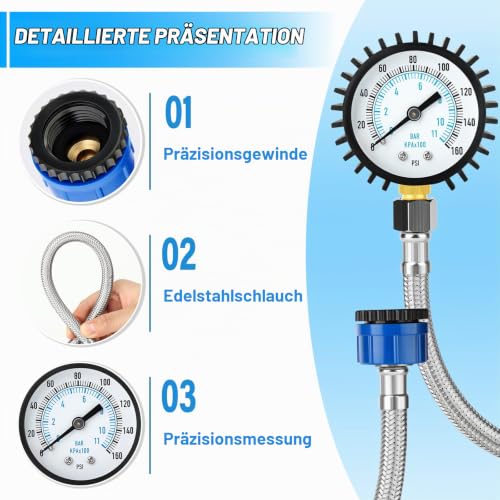 0-11 Bar/0-160 Psi Water Pressure Gauge, 2 Inch Dial Stainless Steel Water Supply Pressure Tester with Hose Connector, Plumbing Tool for Home and Garden Irrigation Systems 0-11 Bar 2"(with Hose) Lower Mount
