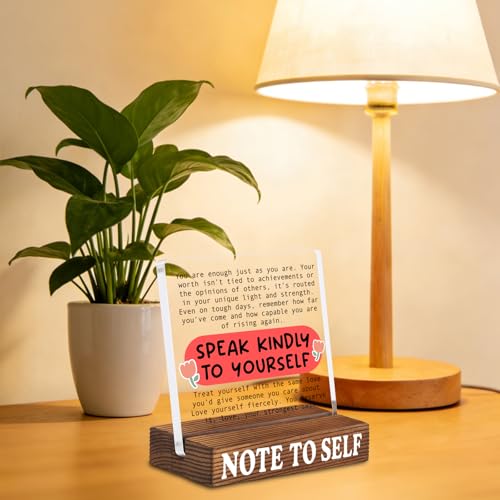 Inspirational Desk Decor with Positive Reminder, Speak Kindly to Yourself Acrylic Sign with Rustic Wood Base, Encouragement Gift for Home Office Coworker Friend SNOTE9 Positive Reminder Gift