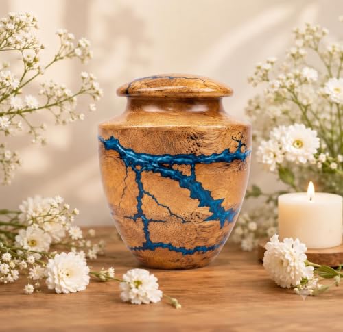 Wooden Handcrafted Urn (Small Keepsake (20 lbs)) in Capacity. Decorative urn for Ashes Blue Raising Urn for Man and Women Burial and Funeral Urn Handcrafted Unique Fractal Burning Design Small keepsake (20 lbs)