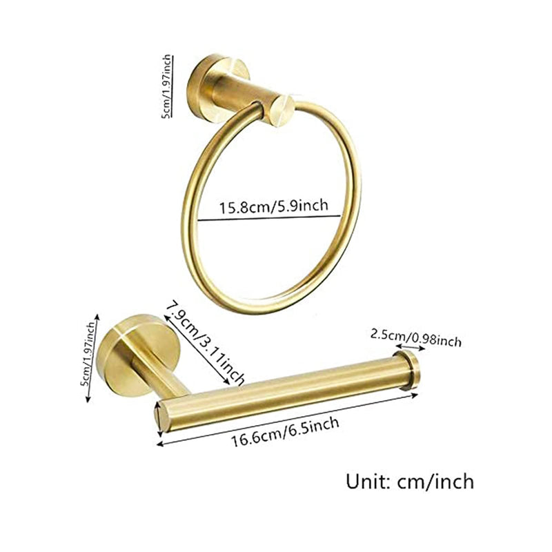 BATHSIR Brushed Gold Toilet Paper Holder & Hand Towel Holder Wall Mount 2 Pieces, Single Post Pivoting Round Modern Bathroom Hardware Towel Ring Toilet Tissue Holder, Bathroom Accessories Set Gold 3