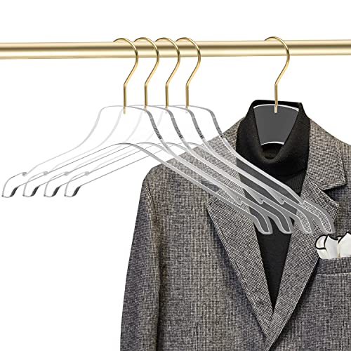 Quality Acrylic Clear Hangers, 5 Pack Clear Lucite Acrylic for a Luxurious Look and Feel with Swivel Hook, Suit Coat Shirt Dress Hangers (Clear - Matte Gold Hook, 5) Clear - Matte Gold Hook 1