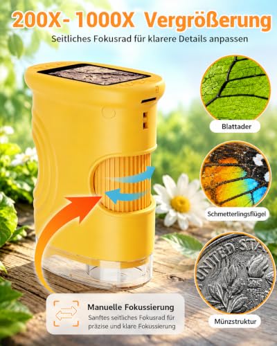 Microscope for Children, 1080P HD 2.0 Inch Screen Pocket Microscope, Ashfly Mobile Phone Digital Microscope LED Lights Connection to PC, Mini Microscope Outdoor Gifts for 4-12 Years, Orange