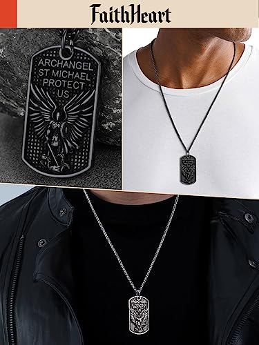 FaithHeart Saint Michael Necklace, Stainless Steel Archangel St Michael Shield/Coin/Dog Tag Pendant Necklaces for Men, Catholic Prayer Jewellery - With Gift Box Dog Tag-Steel