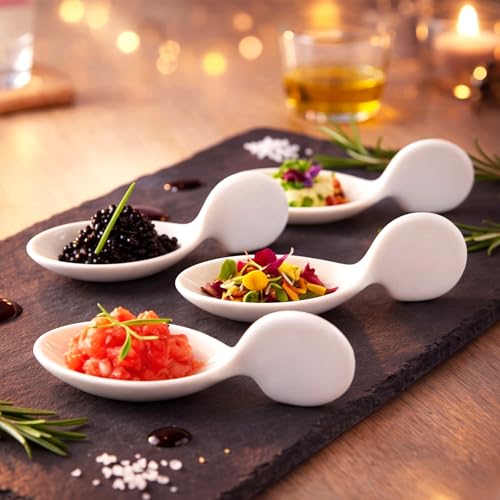 Hushee 12 Pack Fish Shaped Porcelain Tasting Spoons, 4 Inch approved Appetizer & Caviar Spoons, Chip-resistant for Buffet Serving, Sample Tasting Ceramics Spoon for Restaurant, Birthday Wedding