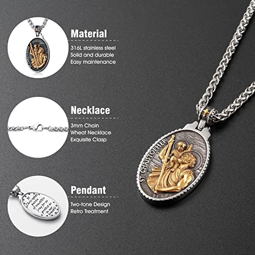 Gold St Saint Christopher Michael Medal Pendant Necklace Jewellery Gift for Men Boys 60cm Oval-two Tone