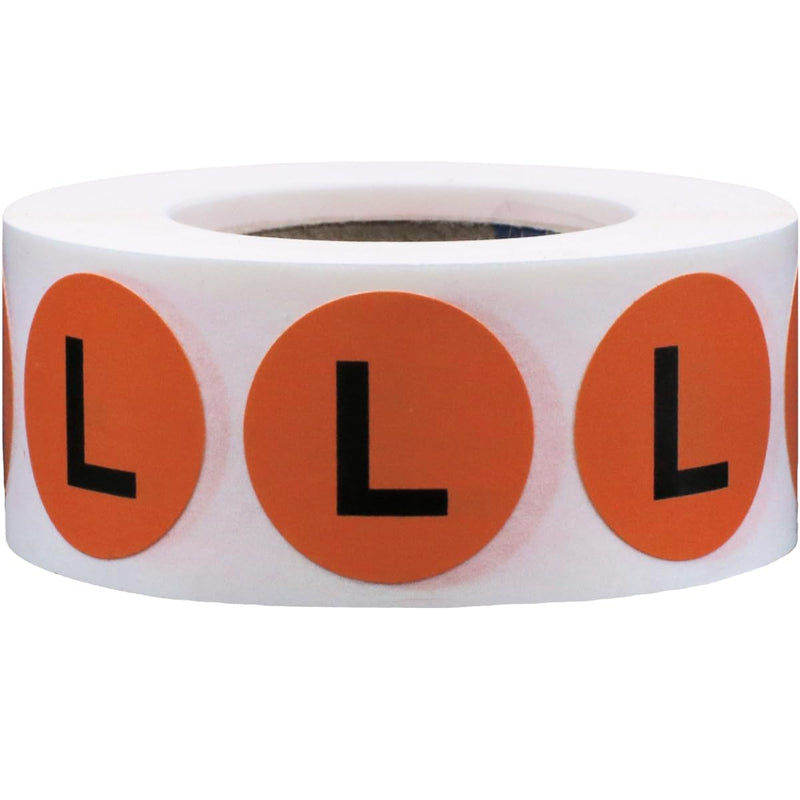 Orange Circle Large L Clothing Size Stickers - 3/4 Inch Round, 500 Semi-Gloss Adhesive Labels Per Roll for Retail Apparel, Clothing Organization, and Inventory - Made in the USA