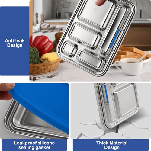 Stainless Steel Bento Box for Adults & Kids, 5-Compartment Lunch Box with 2 Sauce Containers, BPA-Free Bento Lunch Container, Dishwasher Safe, School & Work Meal Prep Lunch Container (Blue) Blue