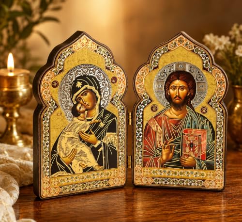 Needzo Jesus Christ Icon Diptych - Christ The Teacher Virgin of Vladimir Orthodox Catholic Icons 4 Inch, Religious Gift, Image of Jesus Christ Byzantine Style Icon