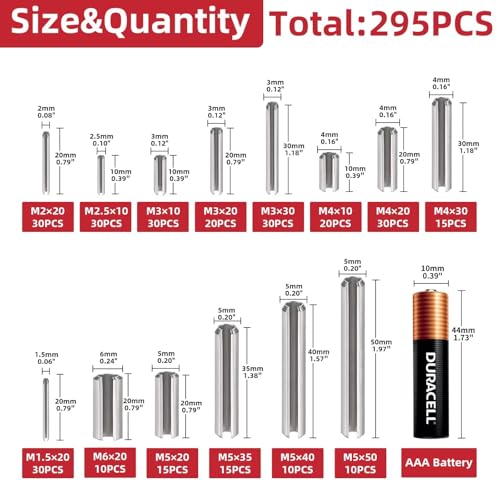 AIMUNOK 295-piece stainless steel metric roll pin assortment kit in assorted sizes