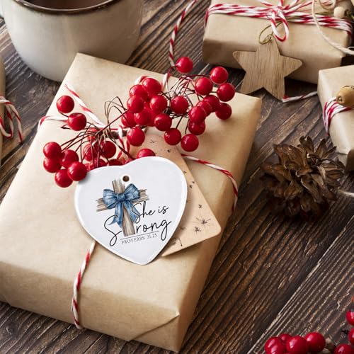 Christian Ornament, Christian Gifts for Women, Blue Bow Cross Bible Verse Heart Ornament Keepsake Sign, Proverbs 31 Woman Gifts, Religious Scripture Hanging Ornaments, 2.75x3 Inch 03-bow(02)