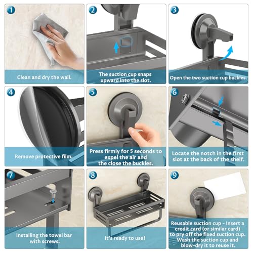 Onemake Shower Caddies Suction Cup, 2 Pack 11.8-inch Shower Organiser, Gray 11.81IN-2 PACK