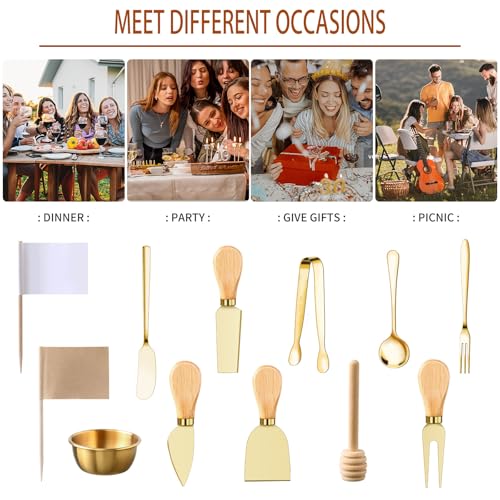 48 Pcs Charcuterie Boards Accessories Butter Spreader Knives Set Stainless Steel Cheese Mini Serving Tongs Spoons Forks Dipping Bowls Toothpick Flags Utensils for Pastry Making Wedding Christmas(Gold) Gold 48Pcs