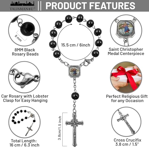 TALISMAN4U Saint Christopher One Decade Rosary for Car Rearview Mirror Black Car Rosary
